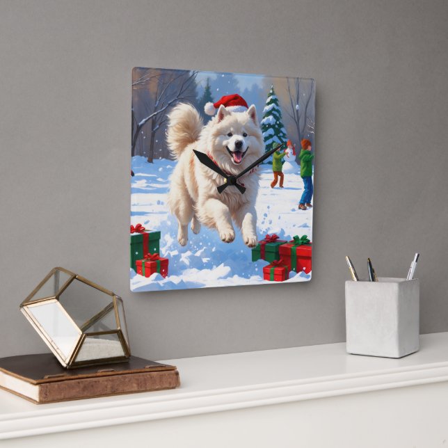 Samoyed Running in Snow with Christmas Hat Square Wall Clock (Office)