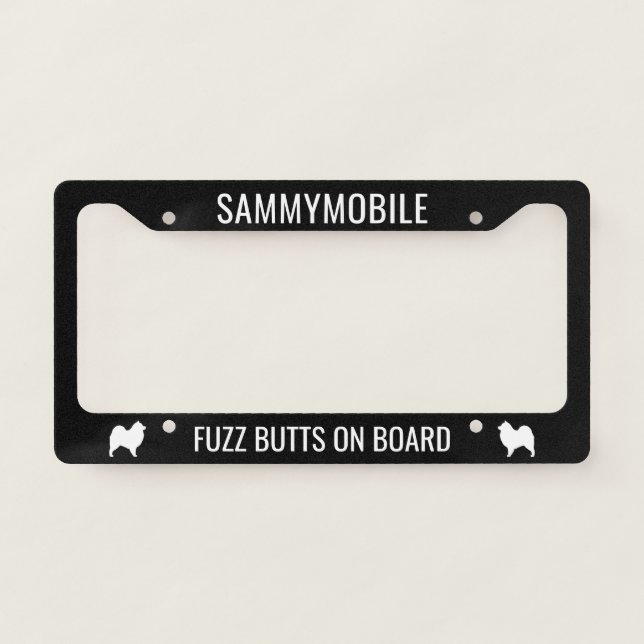 Samoyed Sammymobile Fuzz Butts on Board Custom License Plate Frame (Front)
