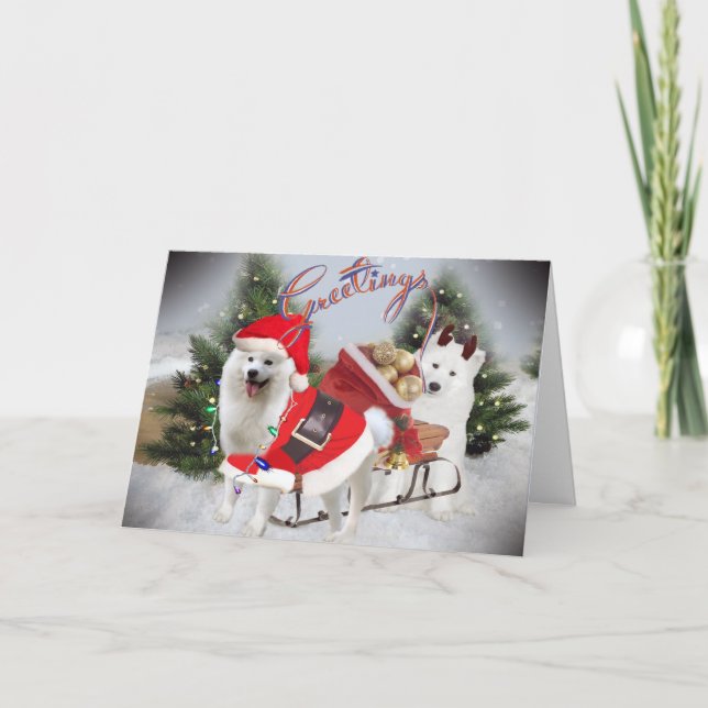 Samoyed Santa and Helper Greetings Holiday Card (Front)