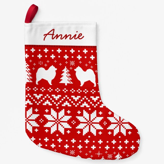 Samoyed Silhouettes Red and White Pattern Sammies Small Christmas Stocking (Front)