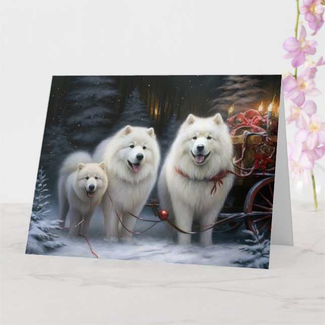 Samoyed Snowy Sleigh Christmas Decor Card (Orchid)