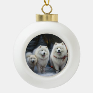 Samoyed Snowy Sleigh Christmas Decor Ceramic Ball Christmas Ornament