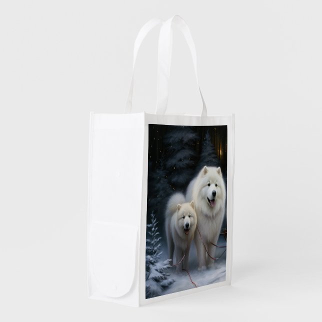 Samoyed Snowy Sleigh Christmas Decor Grocery Bag (Front Side)