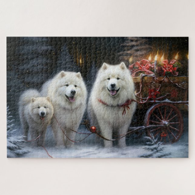 Samoyed Snowy Sleigh Christmas Decor Jigsaw Puzzle (Horizontal)