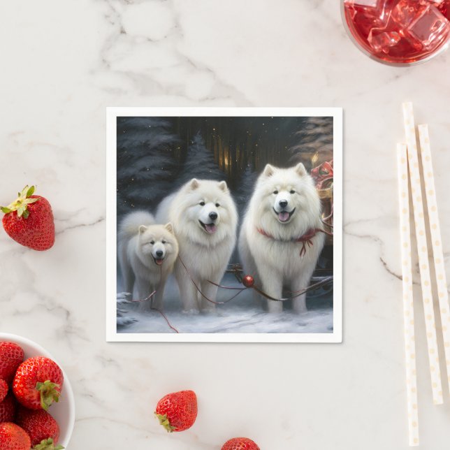 Samoyed Snowy Sleigh Christmas Decor Napkins (Insitu)