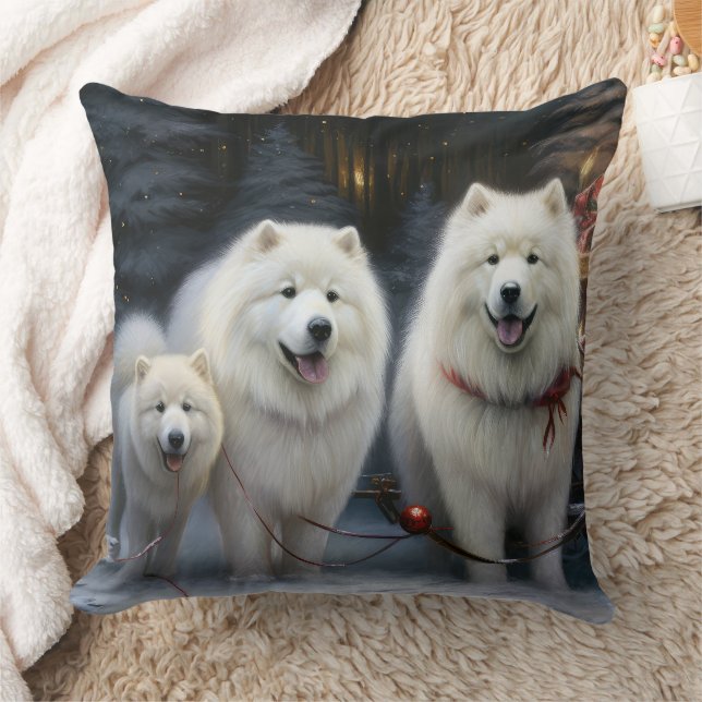Samoyed Snowy Sleigh Christmas Decor Throw Pillow (Blanket)
