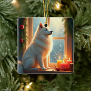 Samoyed Under the Mistletoe Christmas Painting Ceramic Ornament