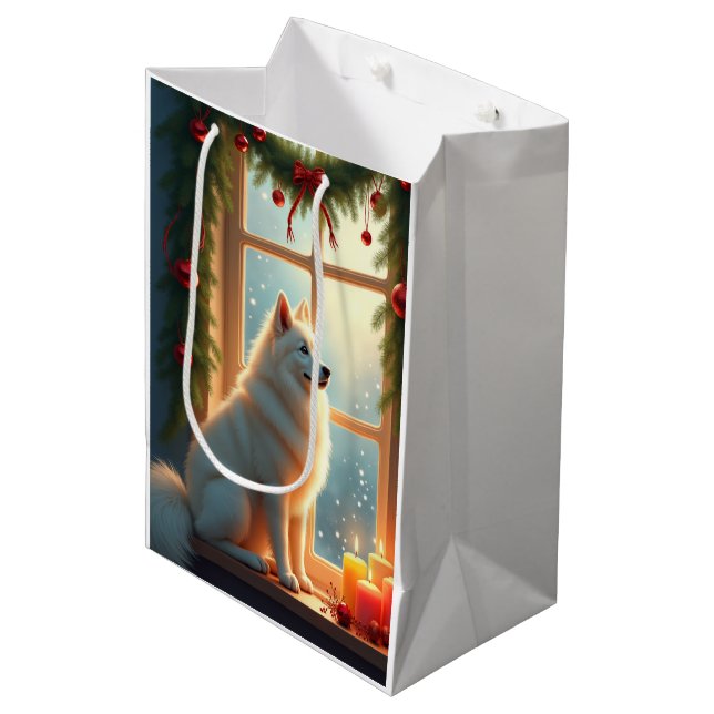 Samoyed Under the Mistletoe Christmas Painting Medium Gift Bag (Front Angled)