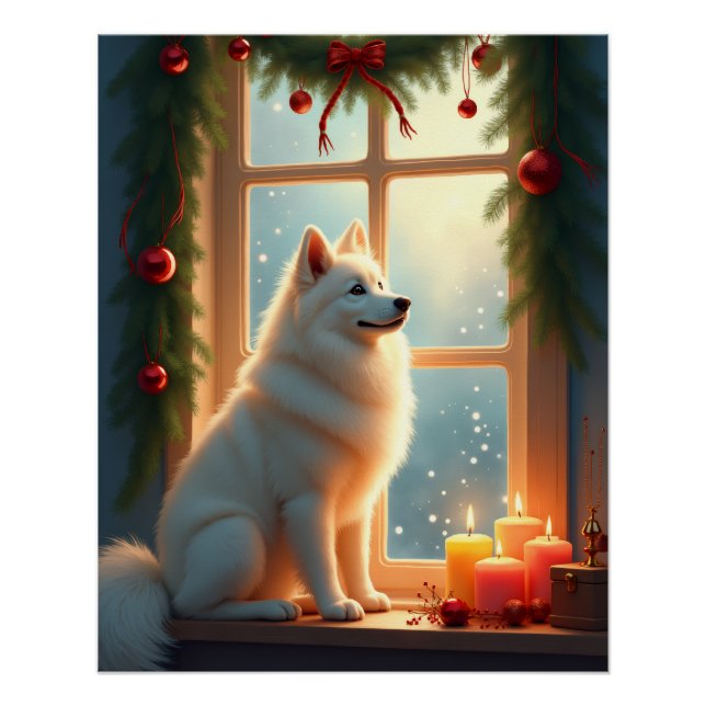 Samoyed Under the Mistletoe Christmas Painting Poster (Front)