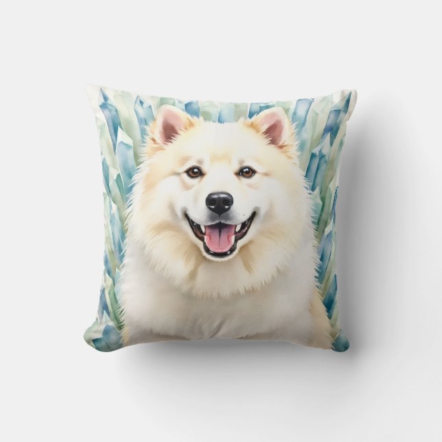 Samoyed Watercolor Ice Crystal Art Throw Pillow (Front)
