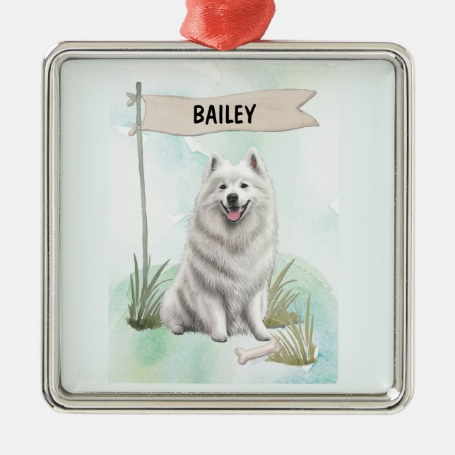 Samoyed Watercolor Personalized Dog Metal Ornament (Front)