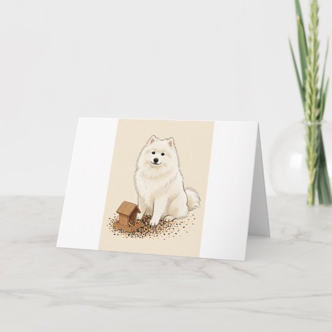Samoyed Winter Bird Feeding Greeting Card