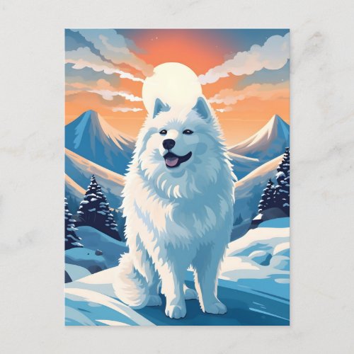 Samoyed winter mountain forest during sunset postcard