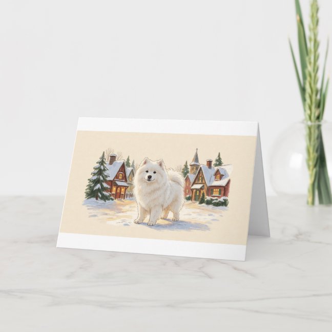 Samoyed Winter Village Walk Greeting Card