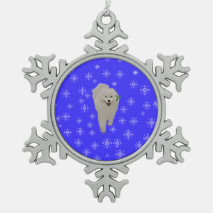 Samoyed with Blue, Snowy Pewter Snowflake Ornament