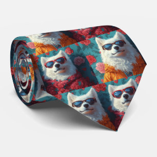 Samoyed with Heart Roses Valentine's Day Neck Tie