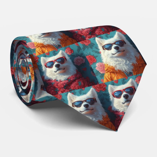 Samoyed with Heart Roses Valentine's Day Neck Tie (Rolled)