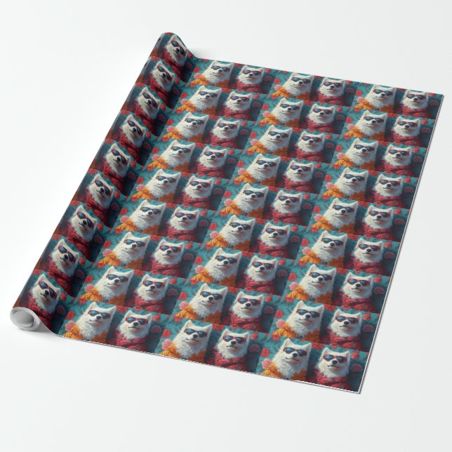 Samoyed with Heart Roses Valentine's Day Wrapping Paper (Unrolled)
