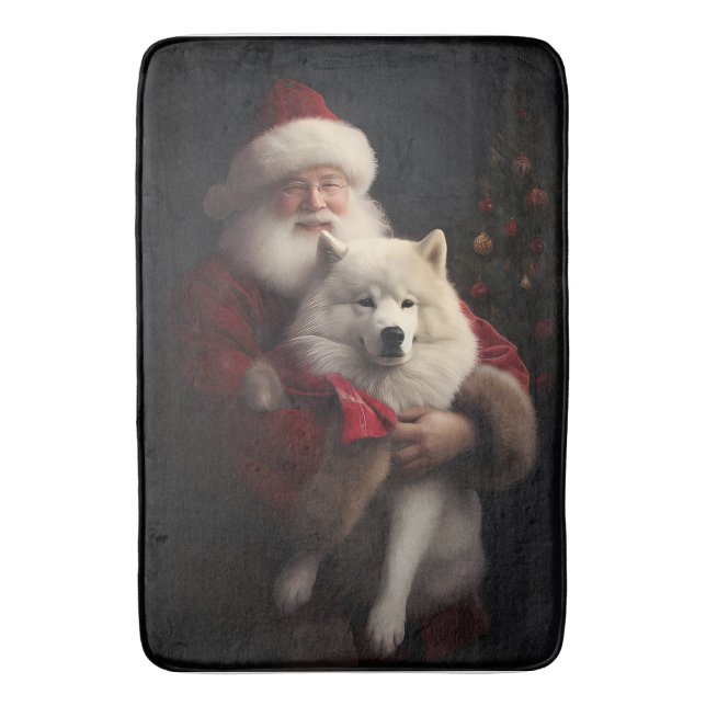 Samoyed With Santa Claus Festive Christmas Bath Mat (Front Vertical)