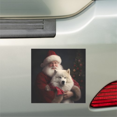 Samoyed With Santa Claus Festive Christmas Car Magnet