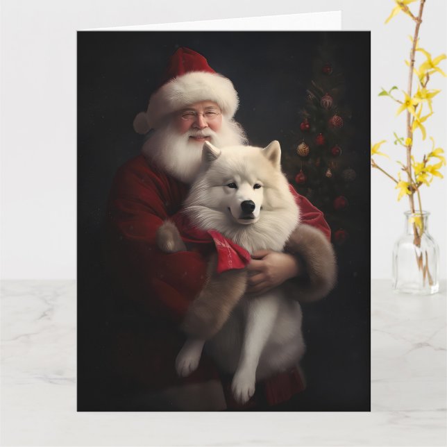 Samoyed With Santa Claus Festive Christmas Card (Yellow Flower)