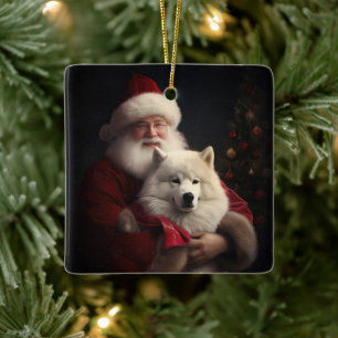 Samoyed With Santa Claus Festive Christmas Ceramic Ornament