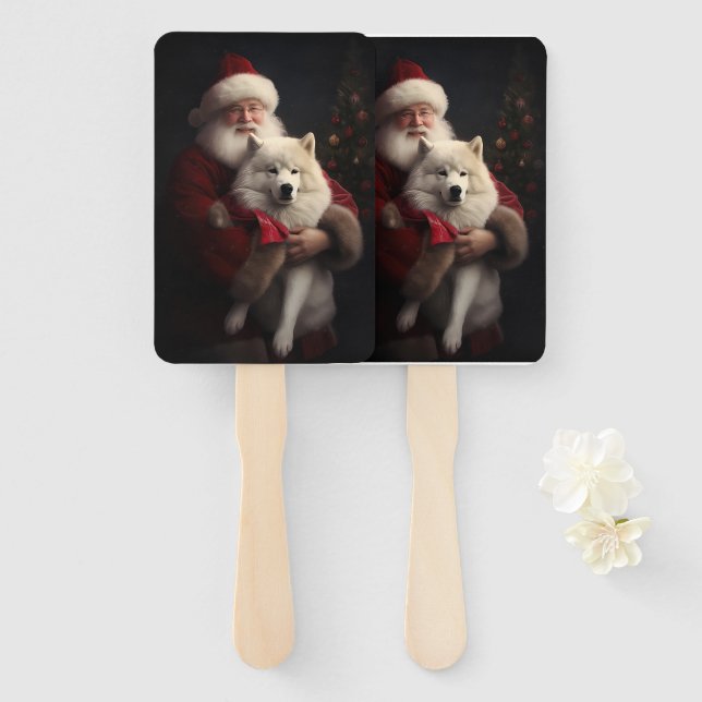 Samoyed With Santa Claus Festive Christmas Hand Fan (Front and Back)