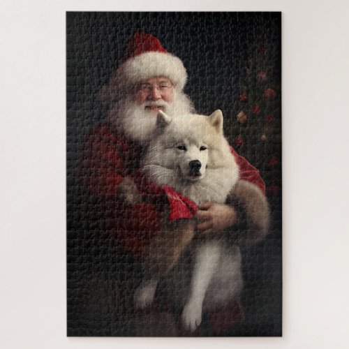 Samoyed With Santa Claus Festive Christmas Jigsaw Puzzle