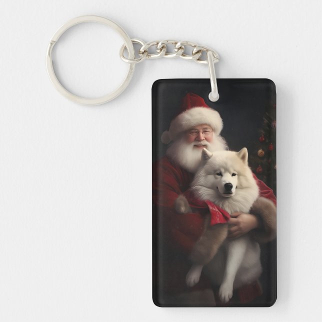 Samoyed With Santa Claus Festive Christmas Keychain (Front)
