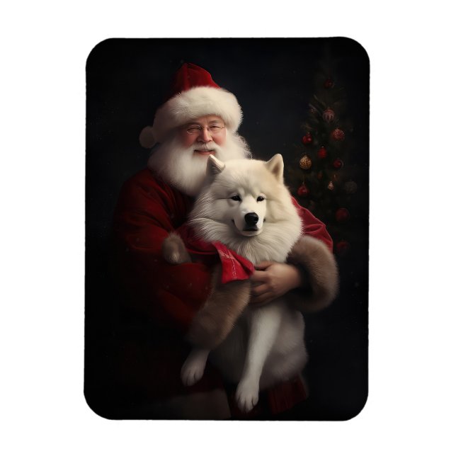 Samoyed With Santa Claus Festive Christmas Magnet (Vertical)