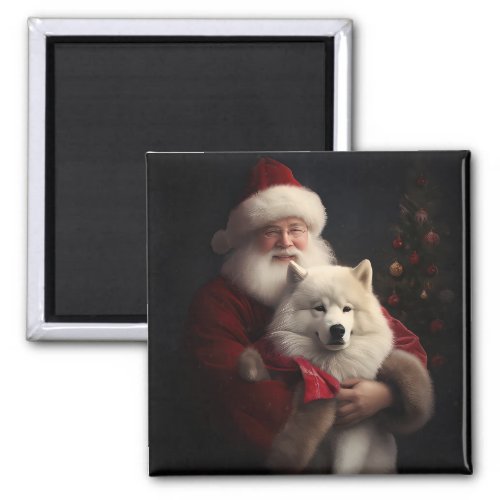 Samoyed With Santa Claus Festive Christmas Magnet
