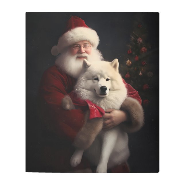 Samoyed With Santa Claus Festive Christmas Metal Print (Front)