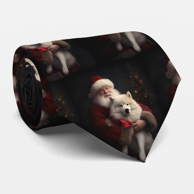 Samoyed With Santa Claus Festive Christmas Neck Tie (Rolled)
