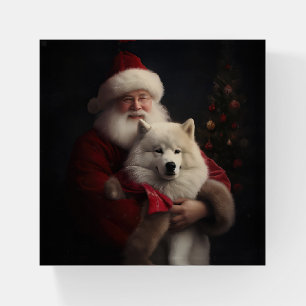 Samoyed With Santa Claus Festive Christmas Paperweight