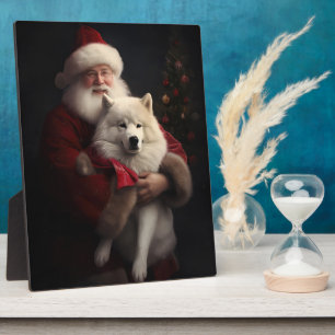 Samoyed With Santa Claus Festive Christmas Plaque