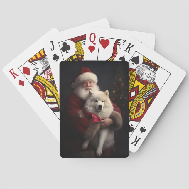 Samoyed With Santa Claus Festive Christmas Poker Cards (Back)