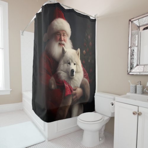 Samoyed With Santa Claus Festive Christmas Shower Curtain