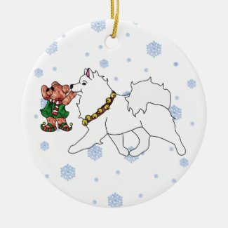 Samoyed with Toy & Bells Ceramic Ornament