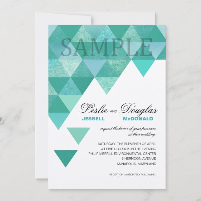 SAMPLE champagne shimmer Geometric Triangles teal Invitation (Front)