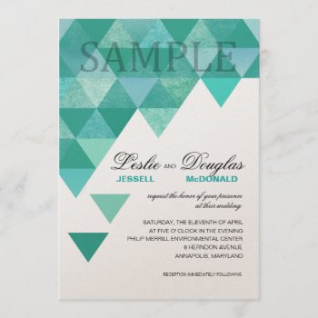 Sample Champagne Shimmer Geometric Triangles Teal Invitation by glamprettyweddings at Zazzle
