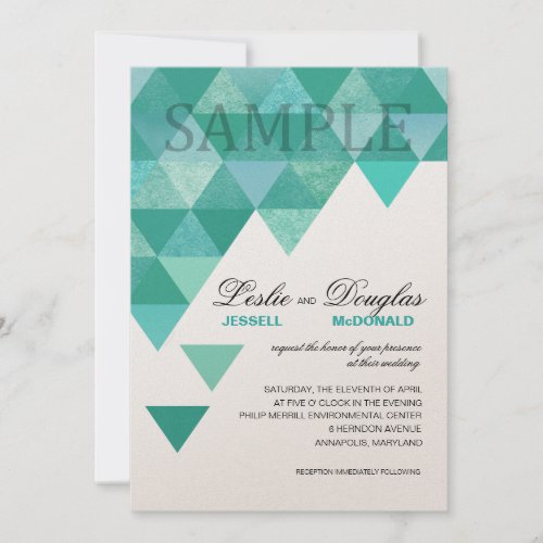 SAMPLE champagne shimmer Geometric Triangles teal Invitation