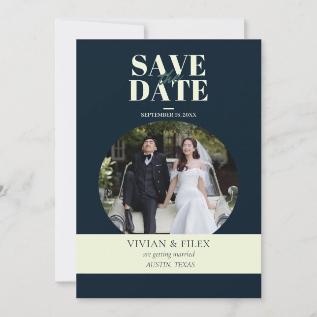 Sample Navy Photo Save The Date Invitation (Front)