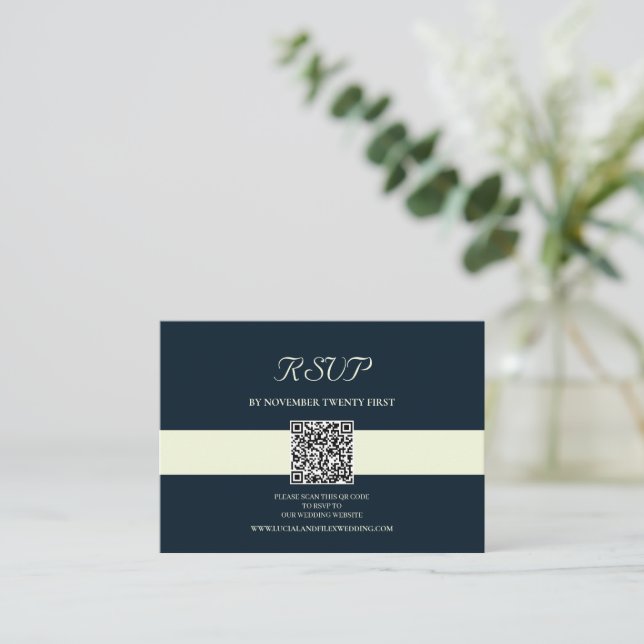 Sample Navy QR Code Scan RSVP Note Card (Standing Front)