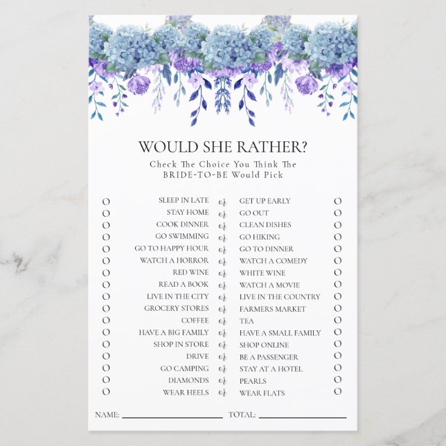 Sample Purple Floral Garden Bridal Shower Game (Front)