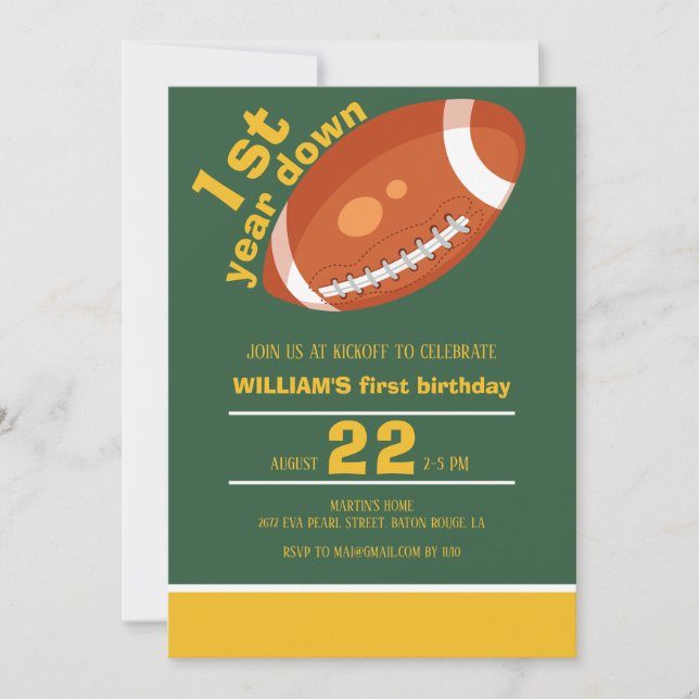 Sample Retro Football First Year Down 1st Birthday Invitation (Front)