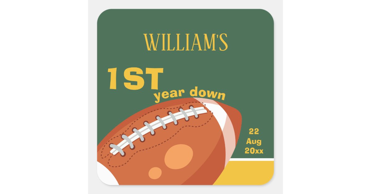 Sample Retro Football First Year Down 1st Birthday Square Sticker | Zazzle