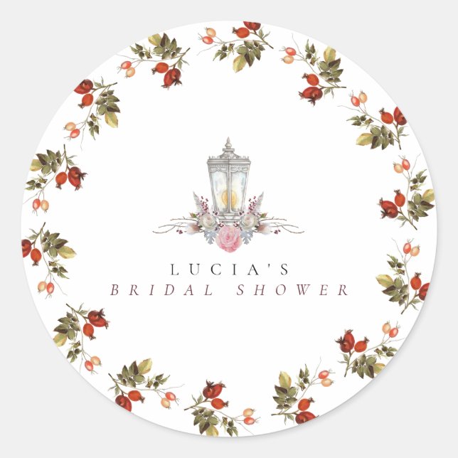 Sample Rustic Floral Roses & Lantern Bridal Shower Classic Round Sticker (Front)