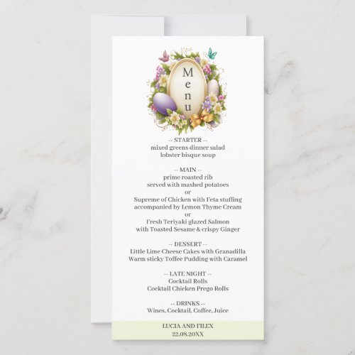 Sample White  Green Easter Forest Wedding Menu 