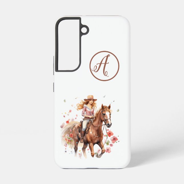 Samsung S22 Redhead Woman On Brown Horse Initials Samsung Galaxy Case (Back)
