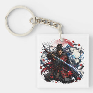 Samurai and White Wolf Mug Japanese Warrior Fant Keychain